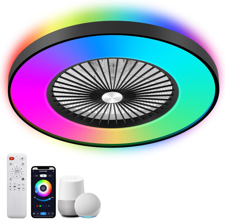 24" Bladeless Ceiling Fan with Light, Low Profile Ceiling Fan with Alexa, APP Control, Modern Flush Mount Ceiling Fans Dimmable Color Chaning LED-RGB Ambient Light Black