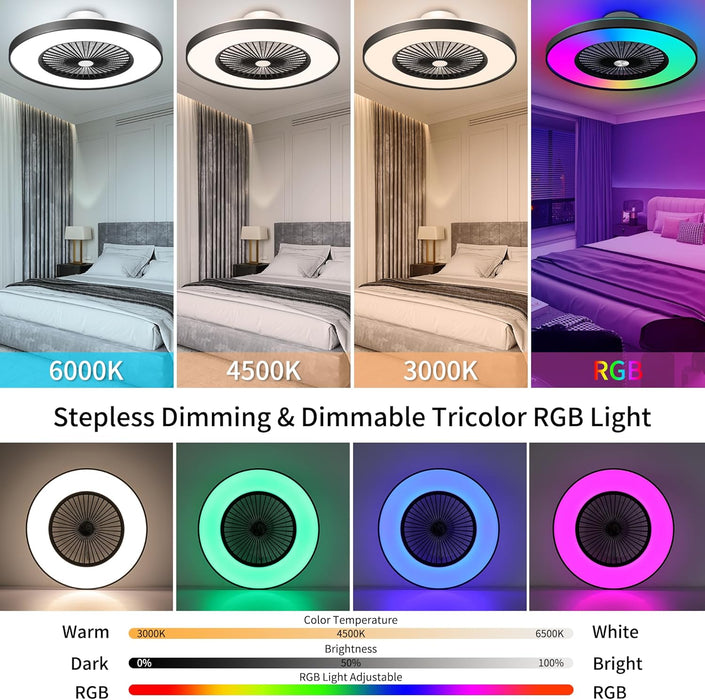 24" flügelloser Deckenventilator mit Licht, flacher Deckenventilator mit Alexa, APP-Steuerung, moderner Deckenventilator mit Unterputzmontage, dimmbares Farbwechsel-LED-RGB-Umgebungslicht, Schwarz