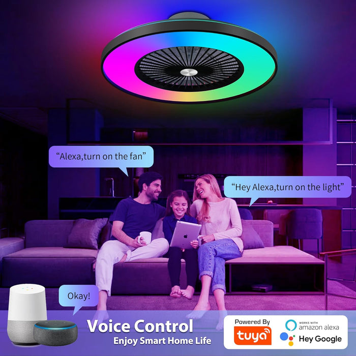 24" flügelloser Deckenventilator mit Licht, flacher Deckenventilator mit Alexa, APP-Steuerung, moderner Deckenventilator mit Unterputzmontage, dimmbares Farbwechsel-LED-RGB-Umgebungslicht, Schwarz