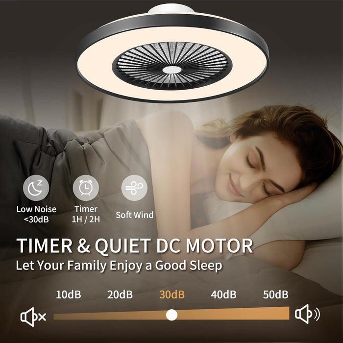 24" flügelloser Deckenventilator mit Licht, flacher Deckenventilator mit Alexa, APP-Steuerung, moderner Deckenventilator mit Unterputzmontage, dimmbares Farbwechsel-LED-RGB-Umgebungslicht, Schwarz
