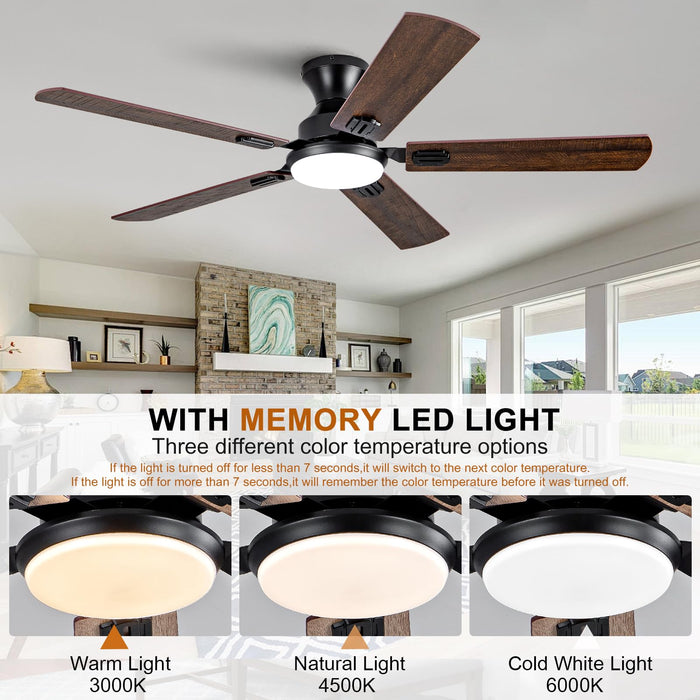 52in Ceiling Fans with Lights,Low Profile Flush Mount,3 Color LED Light,6 Speed  DC Motor