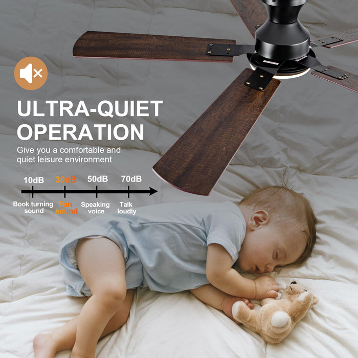 52in Ceiling Fans with Lights,Low Profile Flush Mount,3 Color LED Light,6 Speed  DC Motor