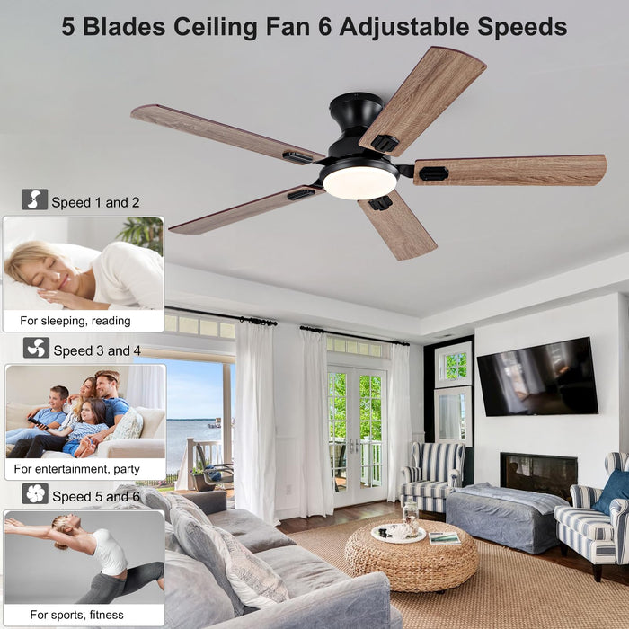 52in Ceiling Fans with Lights,Low Profile Flush Mount,3 Color LED Light,6 Speed  DC Motor
