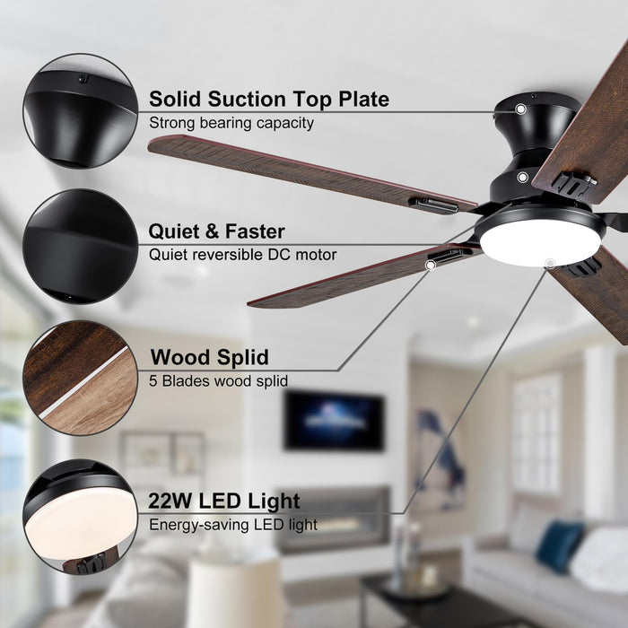 52in Ceiling Fans with Lights,Low Profile Flush Mount,3 Color LED Light,6 Speed  DC Motor