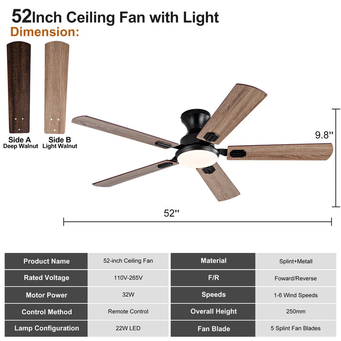 52in Ceiling Fans with Lights,Low Profile Flush Mount,3 Color LED Light,6 Speed  DC Motor