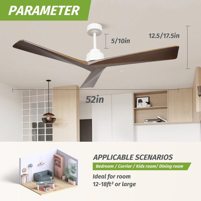 52-Zoll-Deckenventilator ohne Licht mit Fernbedienung, 3 Holzflügel, geräuschloser, umkehrbarer Gleichstrommotor