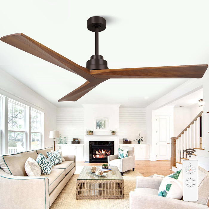 52-Zoll-Deckenventilator ohne Licht mit Fernbedienung, 3 Holzflügel, geräuschloser, umkehrbarer Gleichstrommotor