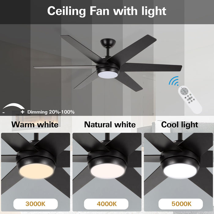 52-Zoll-Deckenventilatoren mit LED-Leuchten, 6 Geschwindigkeiten, dimmbar, 3 CCT, leiser Umkehrmotor