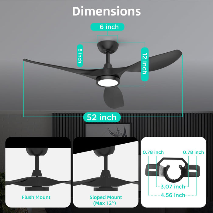 52-Zoll-Deckenventilatoren mit leisem Gleichstrommotor und 3 Farbtemperaturen, geräuschlos, ABS-Flügel