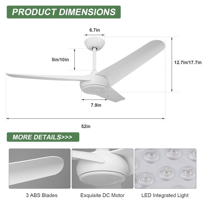 52-Zoll-Deckenventilator mit Licht und Fernbedienung, umkehrbarer leiser Gleichstrommotor, Timer, 6-Gang
