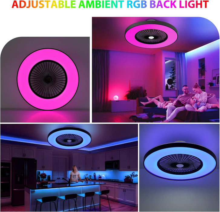 24" flügelloser Deckenventilator mit Licht, flacher Deckenventilator mit Alexa, APP-Steuerung, moderner Deckenventilator mit Unterputzmontage, dimmbares Farbwechsel-LED-RGB-Umgebungslicht, Schwarz