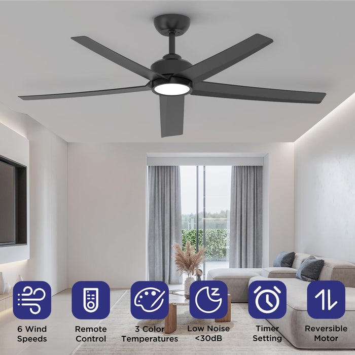 52-Zoll-Deckenventilator mit Licht und Fernbedienung, 3CCT, leiser Gleichstrommotor, 5 Flügel, modern