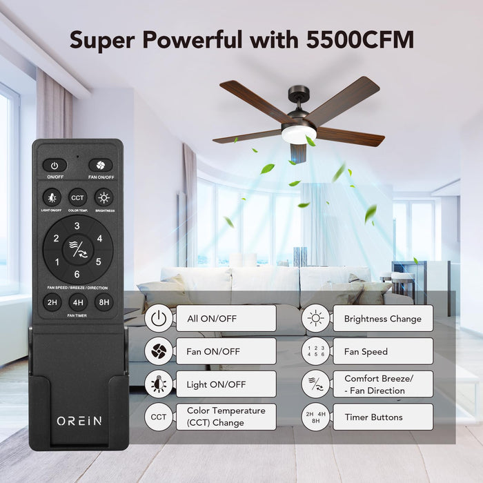 52-Zoll-Deckenventilator, 2400 lm dimmbares 6CCT-LED-Licht, geräuschloser, umkehrbarer Gleichstrommotor