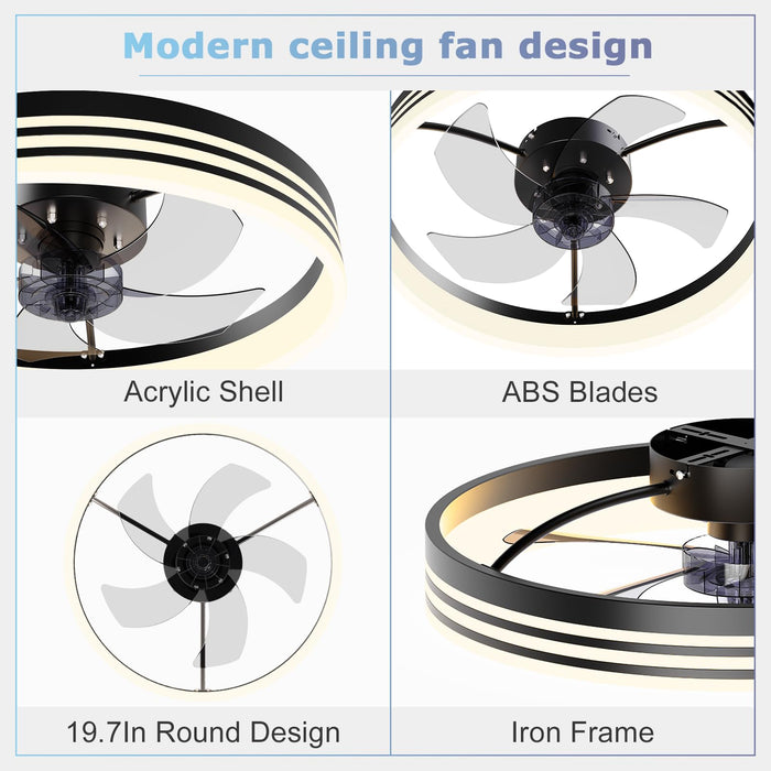 19.7in Low Profile Flush Mount Bladeless Ceiling Fan with 3 Color Dimmable LED,6-Speed