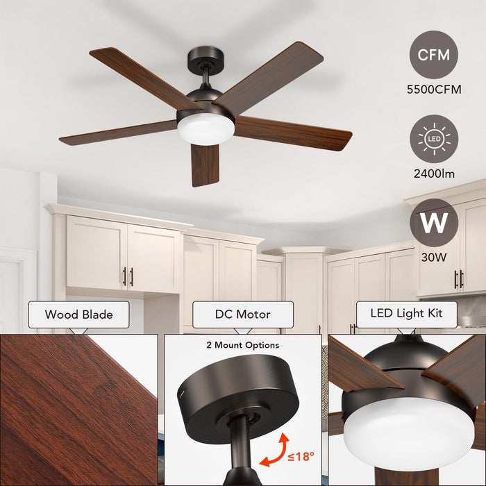 52-Zoll-Deckenventilator, 2400 lm dimmbares 6CCT-LED-Licht, geräuschloser, umkehrbarer Gleichstrommotor