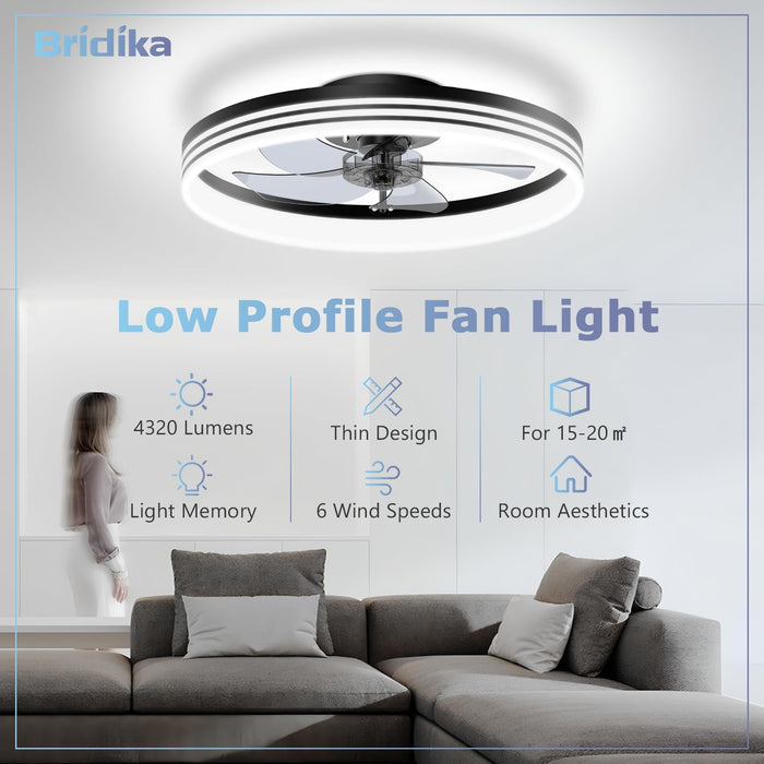 19.7in Low Profile Flush Mount Bladeless Ceiling Fan with 3 Color Dimmable LED,6-Speed
