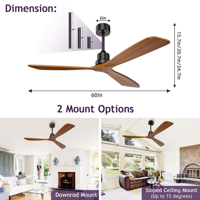 60-Zoll-Deckenventilator mit Lichtfernbedienung, moderner 3-Holzflügel, umkehrbarer, leiser Gleichstrommotor