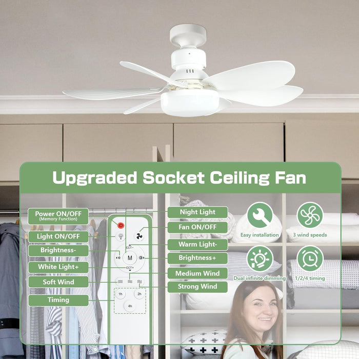 20.5in Socket Fan Light with Dimmable LED light and Remote,  3-Speeds, E26 Base,Timer