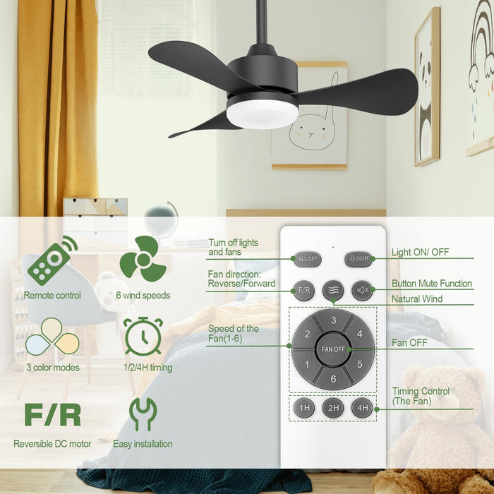 28in White Modern Small Ceiling Fan with Remote, Reversible DC Motor, 3 CCT, 6 Speeds