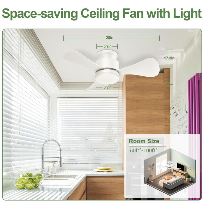 28in Low Profile Flush Mount Ceiling Fan, with Light and Remote, DC Motor with LED Light